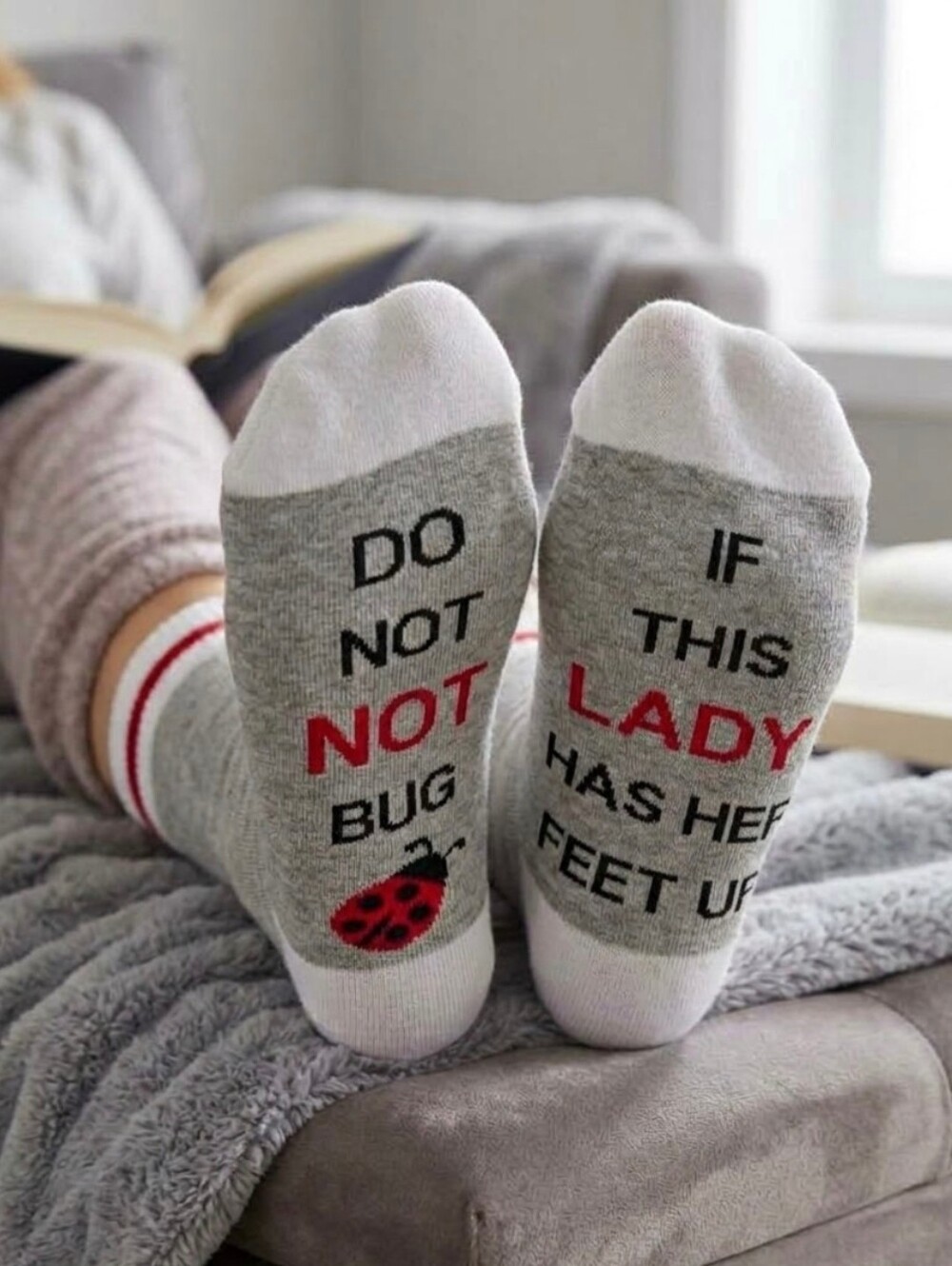 Ladybug Gray White Red Novelty Socks Womens Size 6 7 8 9 Stretch Soft Feet Wear